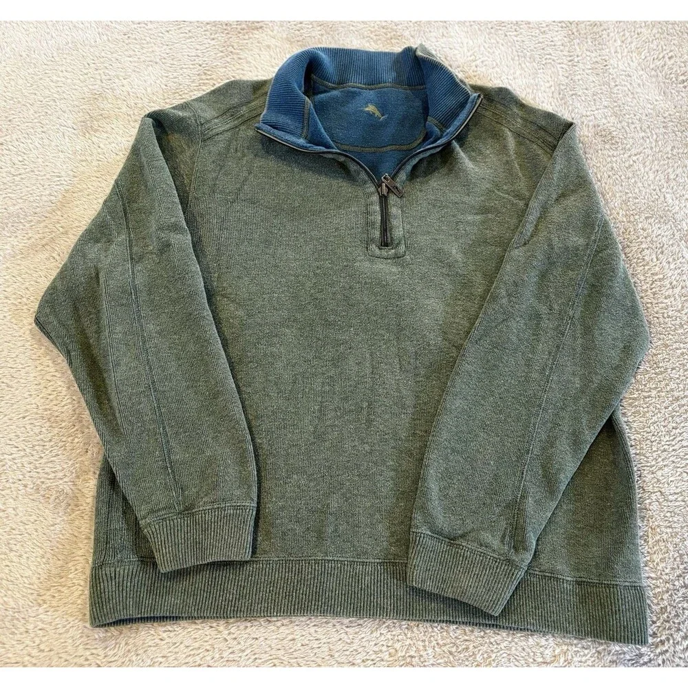 Tommy Bahama Pullover Sweater Mens L Blue Sage Reversible Quarter Zip Mock Neck